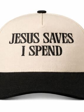 “Jesus Saves I Spend” Graphic Trucker Hat Funny Statement Cap Black Cream